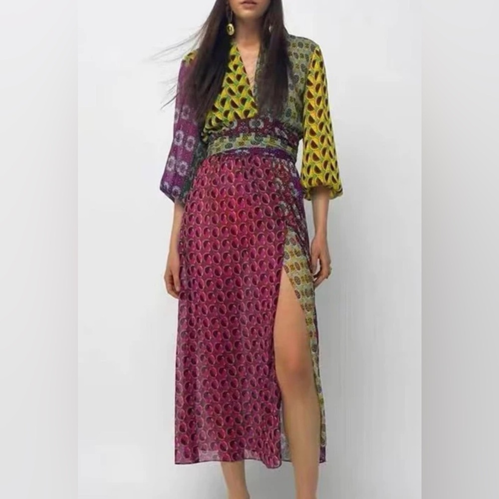 Zara New Women Multicolor Patterned festival Maxi Dress NWT